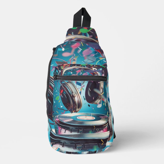 Retro Headphones & Vinyl Digital Art Sling Bag (Front)