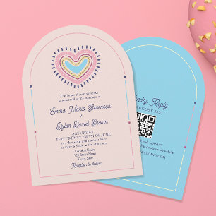 Retro Heart Arch Wedding Invite with QR