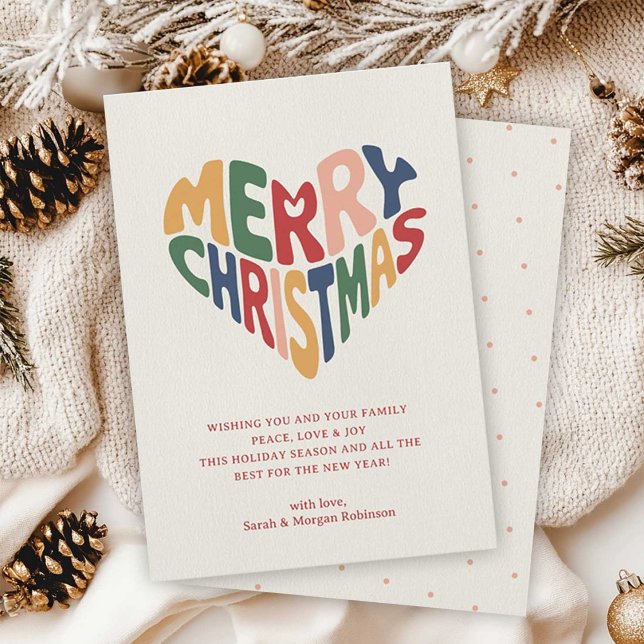 Retro Heart Merry Christmas Playful  Holiday Card (Heart-shaped Merry Christmas typography design holiday card in retro rainbow colors)