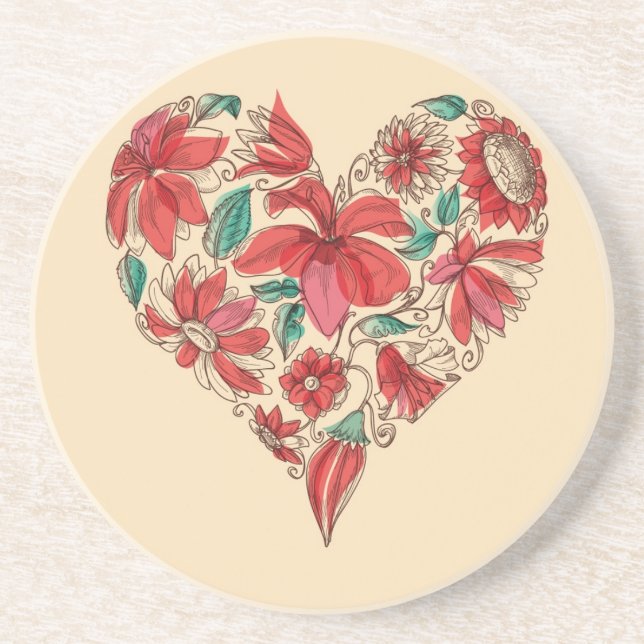 Retro heart of flowers love symbol drink coaster (Front)
