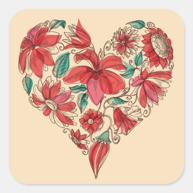 Retro heart of flowers love symbol square sticker (Front)