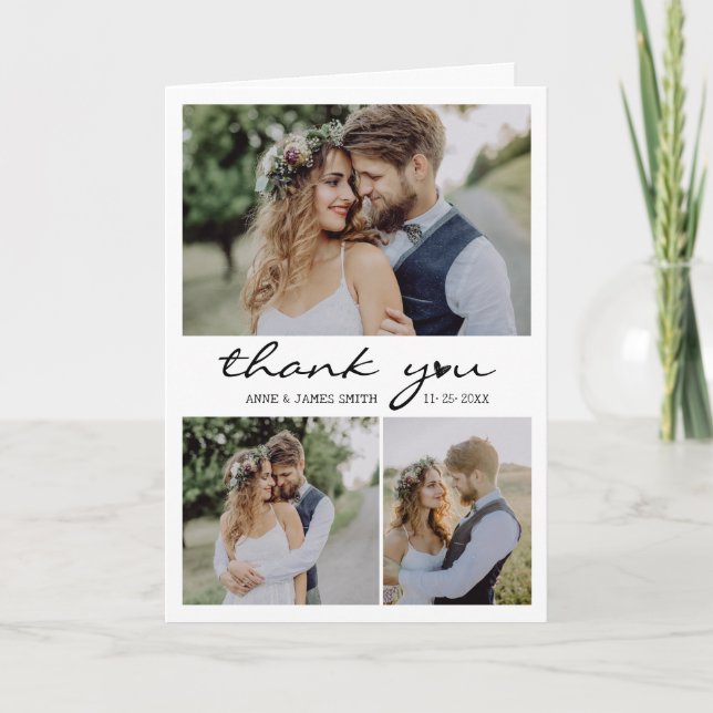 Retro Heart Script 4 Photo Collage Wedding Letterpress Thank You Card (Front)