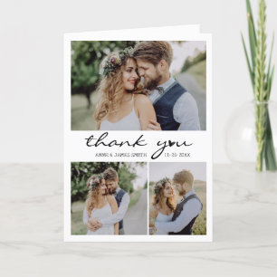Retro Heart Script 4 Photo Collage Wedding Letterpress Thank You Card
