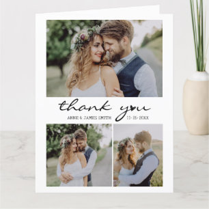 Retro Heart Script 4 Photo Collage Wedding Letterpress Thank You Card