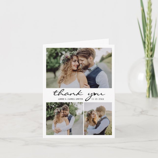 Retro Heart Script 4 Photo Collage Wedding Thank You Card (Front)