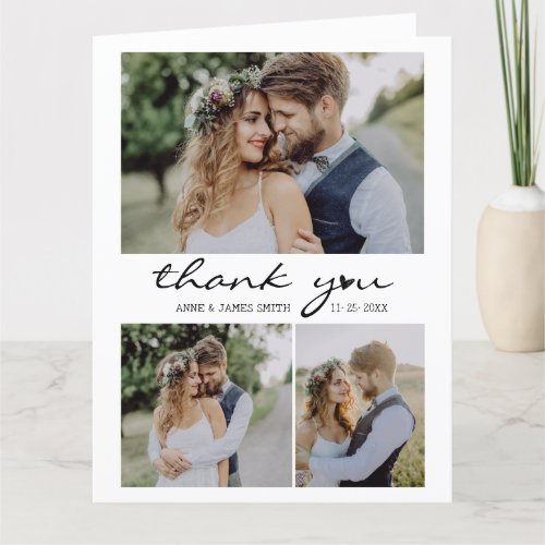 Retro Heart Script 4 Photo Collage Wedding Thank You Card