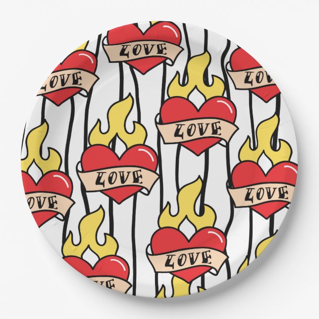 Retro Heart Tattoo Paper Plates (Front)