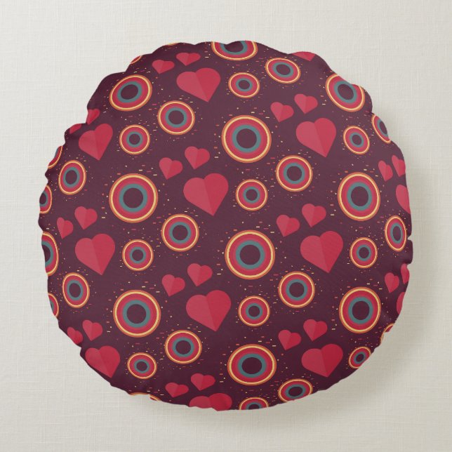 Retro Hearts and Circles Pattern Round Pillow (Front)