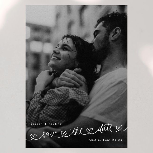 Retro Hearts Black White Photo Modern Wedding Save The Date (Creator Uploaded)