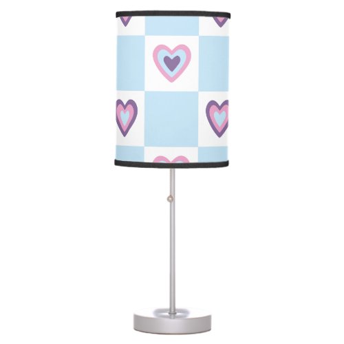 Retro Hearts Checker Checkered Light blue Pattern Table Lamp