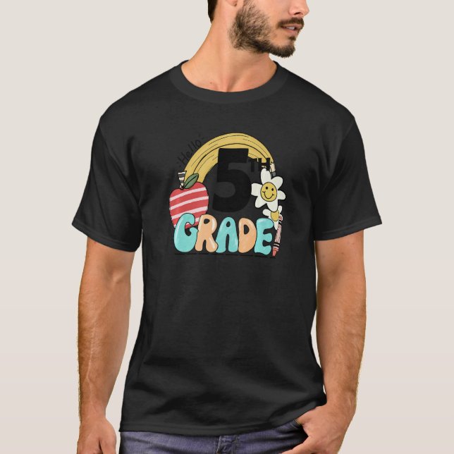 Retro Hello 5th Grade Floral Rainbow Fifth Grade T T-Shirt (Front)