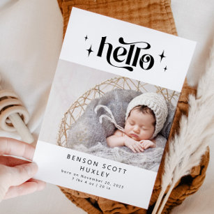 Retro Hello Birth Announcement Card
