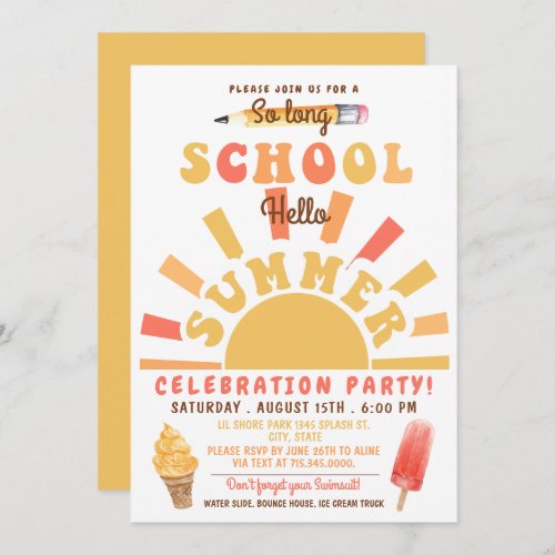 Retro Hello Summer party  End of School Party  Invitation