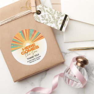 Retro Here Comes The Son Baby Shower Classic Round Sticker