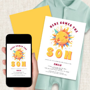Retro Here Comes The Son Baby Shower Invitation
