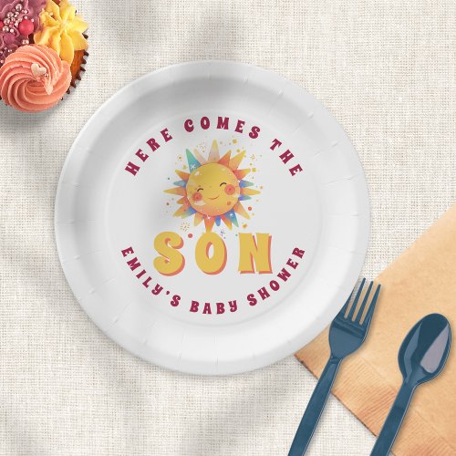 Retro Here Comes The Son Boy Baby Shower Paper Plates