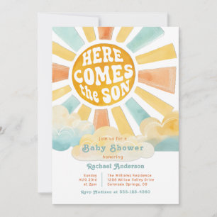  Retro Here Comes the Son Sunshine Baby Shower Invitation