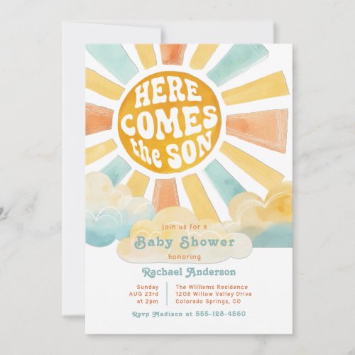 Retro Here Comes the Son Sunshine Baby Shower Invitation