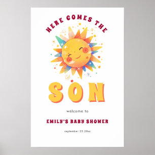 Retro Here Comes The Son Welcome To Baby Shower Poster