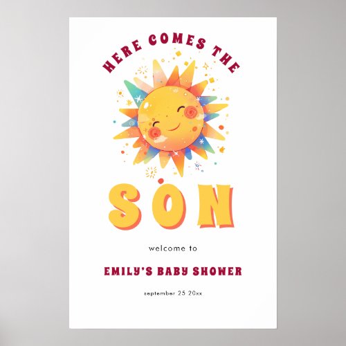 Retro Here Comes The Son Welcome To Baby Shower Poster