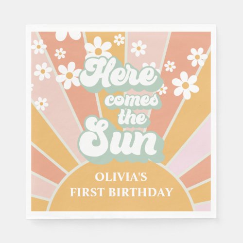 Retro Here comes the Sun Daisy boho birthday Napkins