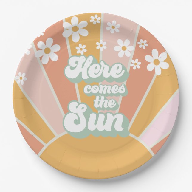 Retro Here comes the Sun Daisy boho birthday Paper Plates (Front)