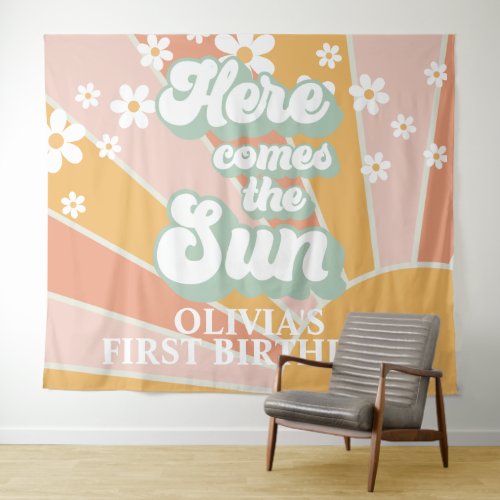 Retro Here Comes the Sun Daisy Sunshine Birthday Tapestry