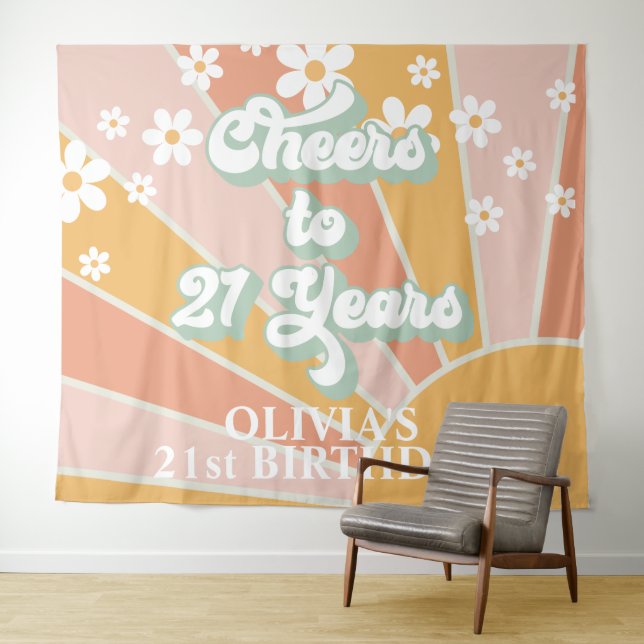 Retro Here Comes the Sun Daisy Sunshine Birthday Tapestry (In Situ (Horizontal))