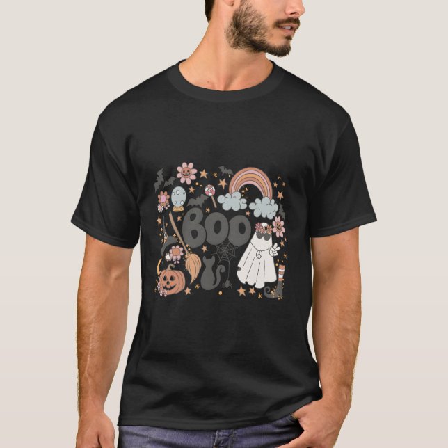 Retro Hey Boo Floral Ghost Witch Pumpkin Halloween T-Shirt (Front)