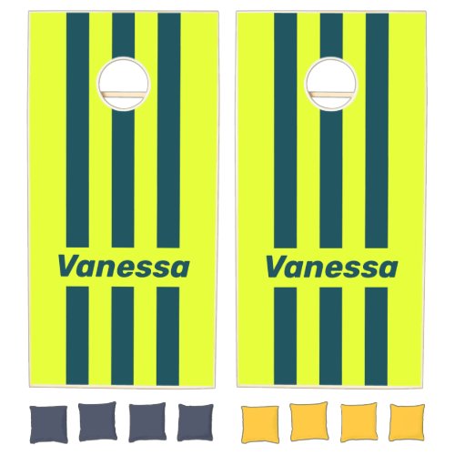 Retro HI VIS Yellow Three Pin Striped with Name Cornhole Set