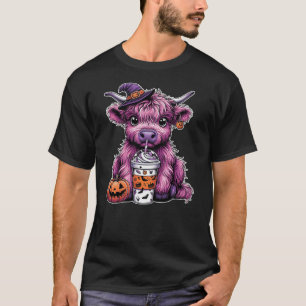 Retro Highland Cow Witch Drink Coffee Halloween Me T-Shirt
