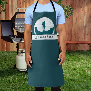 Retro Hiking Camping Landscape Custom Name Teal Apron
