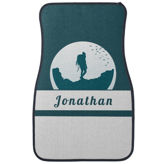 Retro Hiking Camping Landscape Custom Name Teal    Car Floor Mat (Front)