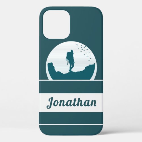 Retro Hiking Camping Landscape Custom Name Teal    iPhone 12 Case