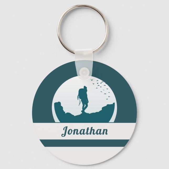 Retro Hiking Camping Landscape Custom Name Teal   Keychain (Front)