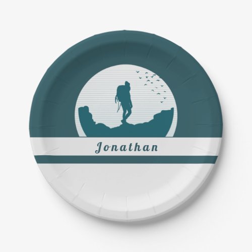 Retro Hiking Camping Landscape Custom Name Teal Paper Plates