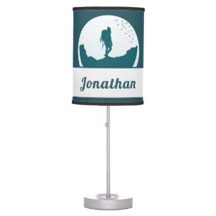 Retro Hiking Camping Landscape Custom Name Teal Table Lamp