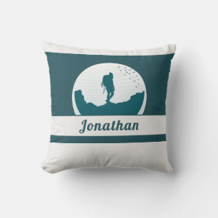 Retro Hiking Camping Landscape Custom Name Teal    Throw Pillow