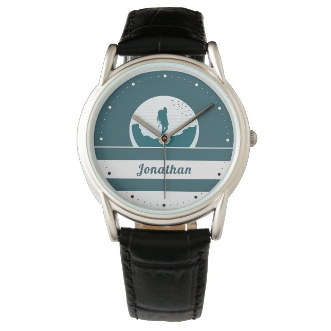 Retro Hiking Camping Landscape Custom Name Teal    Watch (Front)