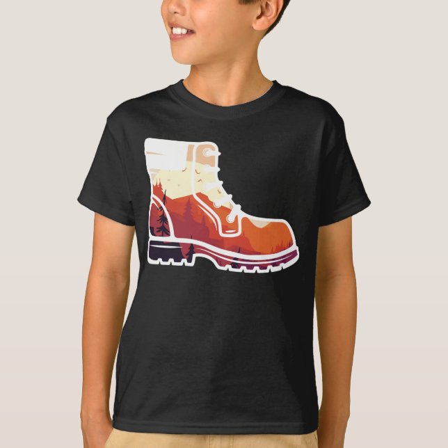 Retro Hiking Shoe Landscape - Wilderness Sunset T-Shirt (Front)
