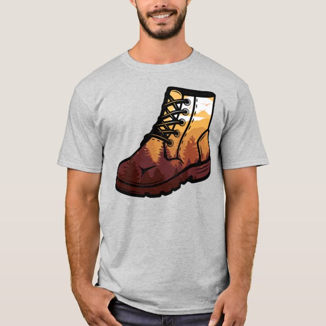 Retro Hiking Shoe Landscape - Wilderness Sunset T-Shirt (Front)