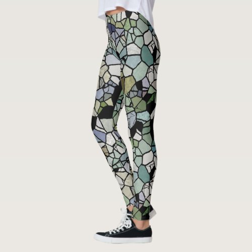 Retro Hip Taupe Teal Blue Green Mosaic Art Pattern Leggings