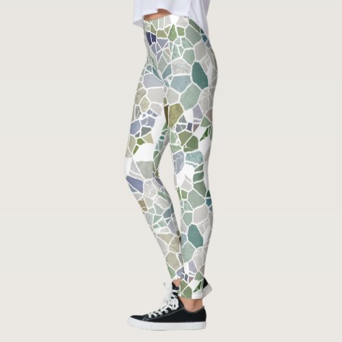 Retro Hip Teal Blue Green Taupe Mosaic Art Pattern Leggings