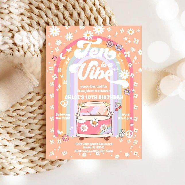 Retro Hippie 10th Birthday Invitation (Creator Uploaded)