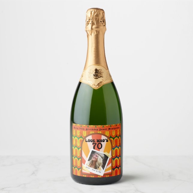 Retro Hippie 60's Custom Photo 70th Birthday Sparkling Wine Label (Front)