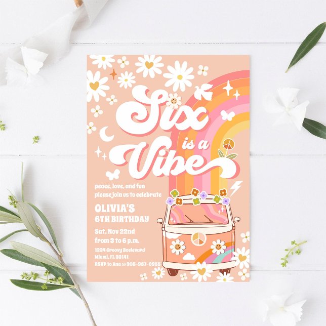 Retro Hippie 6th Birthday Invitation (Creator Uploaded)