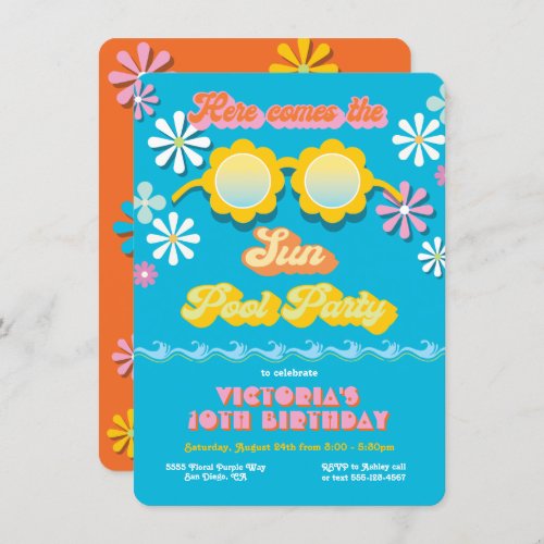 Retro Hippie 70s 60s Daisy Pool Party Birthday Invitation