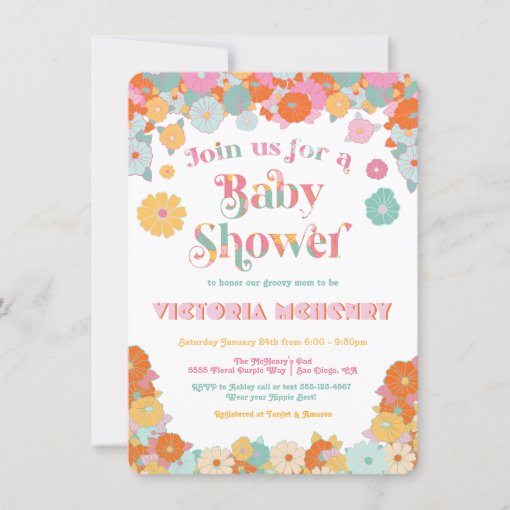 Retro Hippie 70's 60's Flower Power Baby Shower Invitation Zazzle