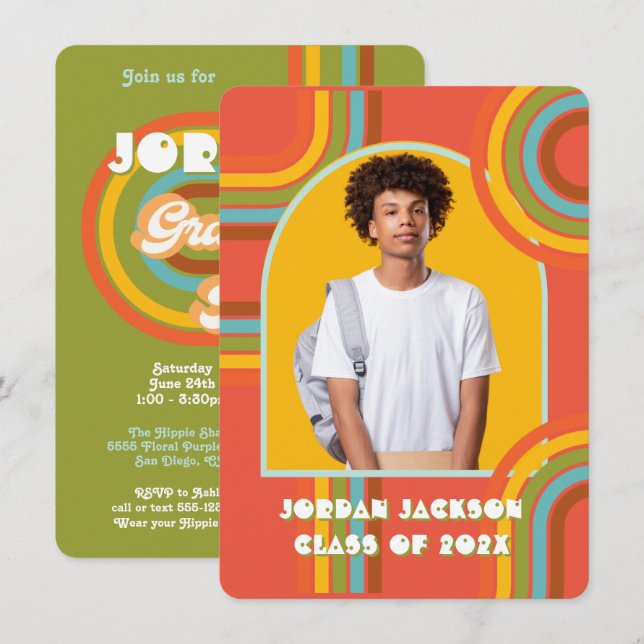 Retro Hippie 70's 60's Graduation Photo Invitation (Front/Back)