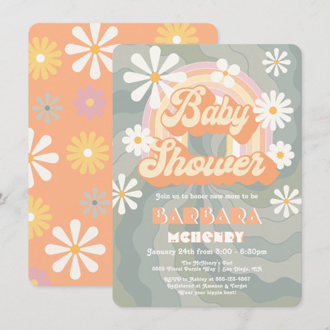 Retro Hippie 70's 60's Rainbow Daisy Baby Shower Invitation (Front/Back)